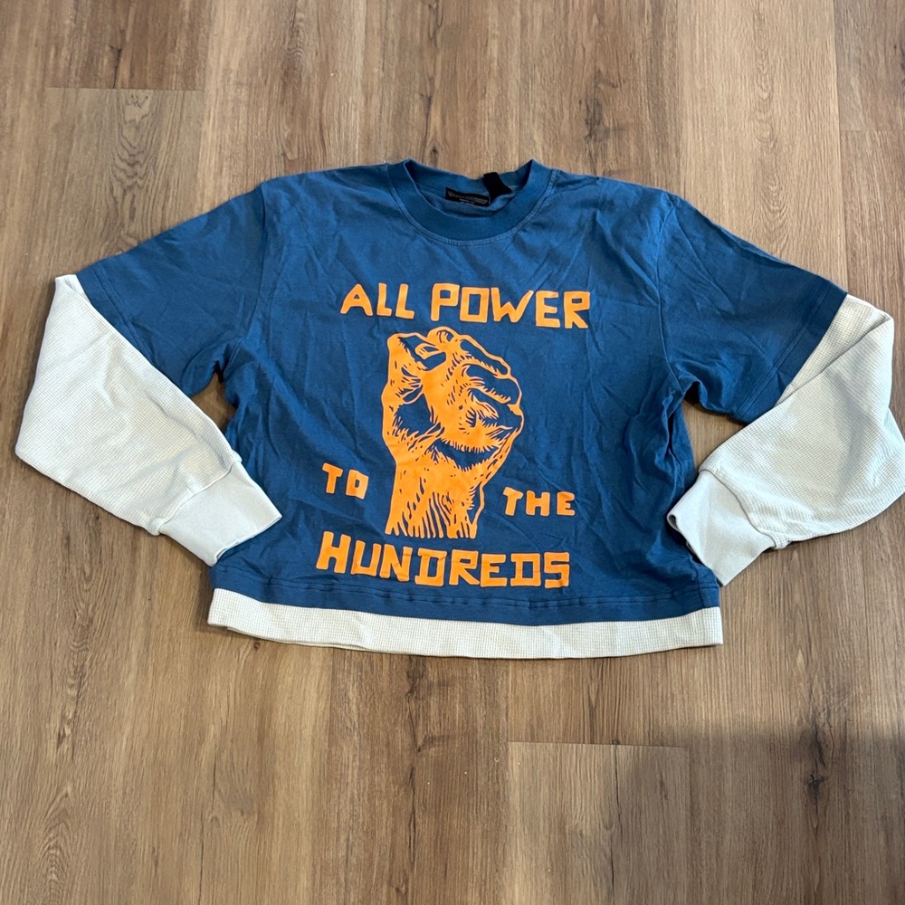 The Hundreds Blue Graphic Crewneck with Orange Fist Print and Cream Sleeves